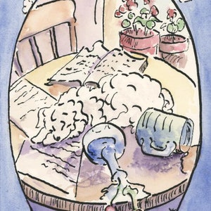 Vintage Bichon Frise Hund Welpen schelmisch spielen Knochen Blumen Karton Original Aquarell Stift Tinte kanadischer Künstler Original Kunst Malerei