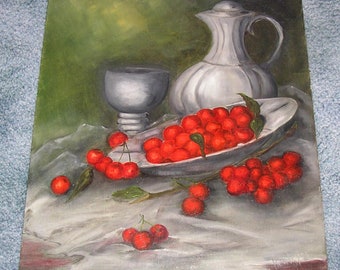 Vintage Botanical Horticulture Red Cherries Cherry Fruit Still Life Silver Pewter Pitcher Goblet Original Oil Art Painting by Texas Artist