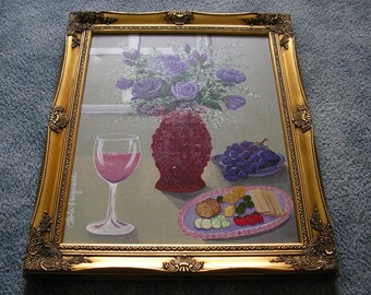 Vintage Still  Cheese Crackers Olives Strawberries Cucumbers Purple Grapes Roses Hobnail Vase Pink Wine Glass Purple Original Oil Painting