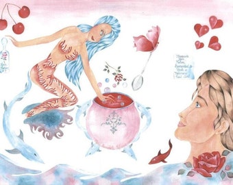 Mermaid Merman Valentine's Day Red Rose Cherries Hearts Dolphins Ocean Nautical Love Potion Spoon Cauldron Red White Blue Original Painting