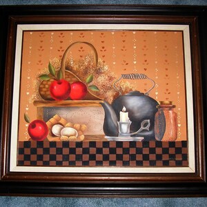 May include: A framed painting of a still life with a teapot, apples, a basket, and a jar. The background is a brown and white checkered pattern. The painting is in a dark brown frame.