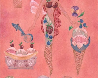 Vintage Mermaid Ice Cream Fairy Cone Sundae Scoop Dolphin Cherry Faux Gemstone Pie Pansy Cupcake Desert Sand Dollars Sea Original Painting