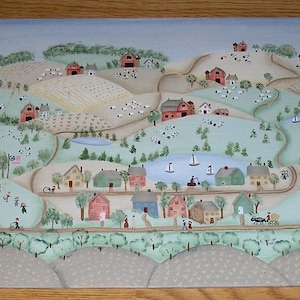 Vintage Americana Art folklorique mouton agneau ferme jardin maison cottage vallée collines voiliers étangs lac paysage pastoral peinture d'art originale