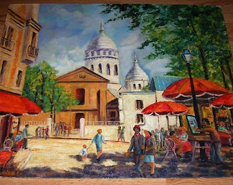 Vintage Place Du Tetre Paris France Montmartre Basilica Sacre Couer Sacred Heart Church Cafe Paris Landscape France Original Oil Painting