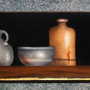 Vintage faïence argile navires poterie cruches pichet bol sel salière épices pots americana original peinture à l'huile en bois sur bois non signé