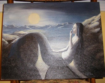 Vintage Mermaid Long Black Hair Seascape Night Beach Ocean Nautical Sea Shore Full Moon Good Night Sleeping Rocks Oil Original Art Painting