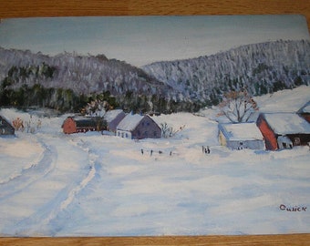 Vintage Folk Art Farm House Houses Winter Season Snow Village Mountains Valley Barn Landscape Original Oil Art Painting Rhode Island Artist