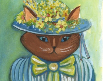 Vintage chocoladebruine kleur kat blauwe ogen volkskunst Pasen jurk Bonnet bloemen Victoriaanse kostuum hoed aquarel schilderij vermeld kunstenaar