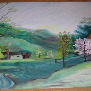 Vintage Americana printemps saison rose arbre fleurs maison Lush Green Hills Valley Farm peinture à l'huile originale attribuée E Harvey non signé