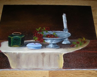 Christmas Season Holly Red Berries White Candle Green Pottery Still Life Holiday Season Table Doily Original Art Oil Still Life Painting
