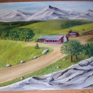 Vintage Americana montagnes colline vallée terres agricoles ferme grange rouge paysage rocher corral sable chemin clôture pastorale peinture à l'huile originale