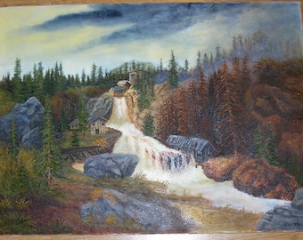 Vintage Colorado Artist Nature Forest Pine Tree Stream White Water Rapids Grist Mill Waterfall Landscape Outdoors Original Oil Art  Painting