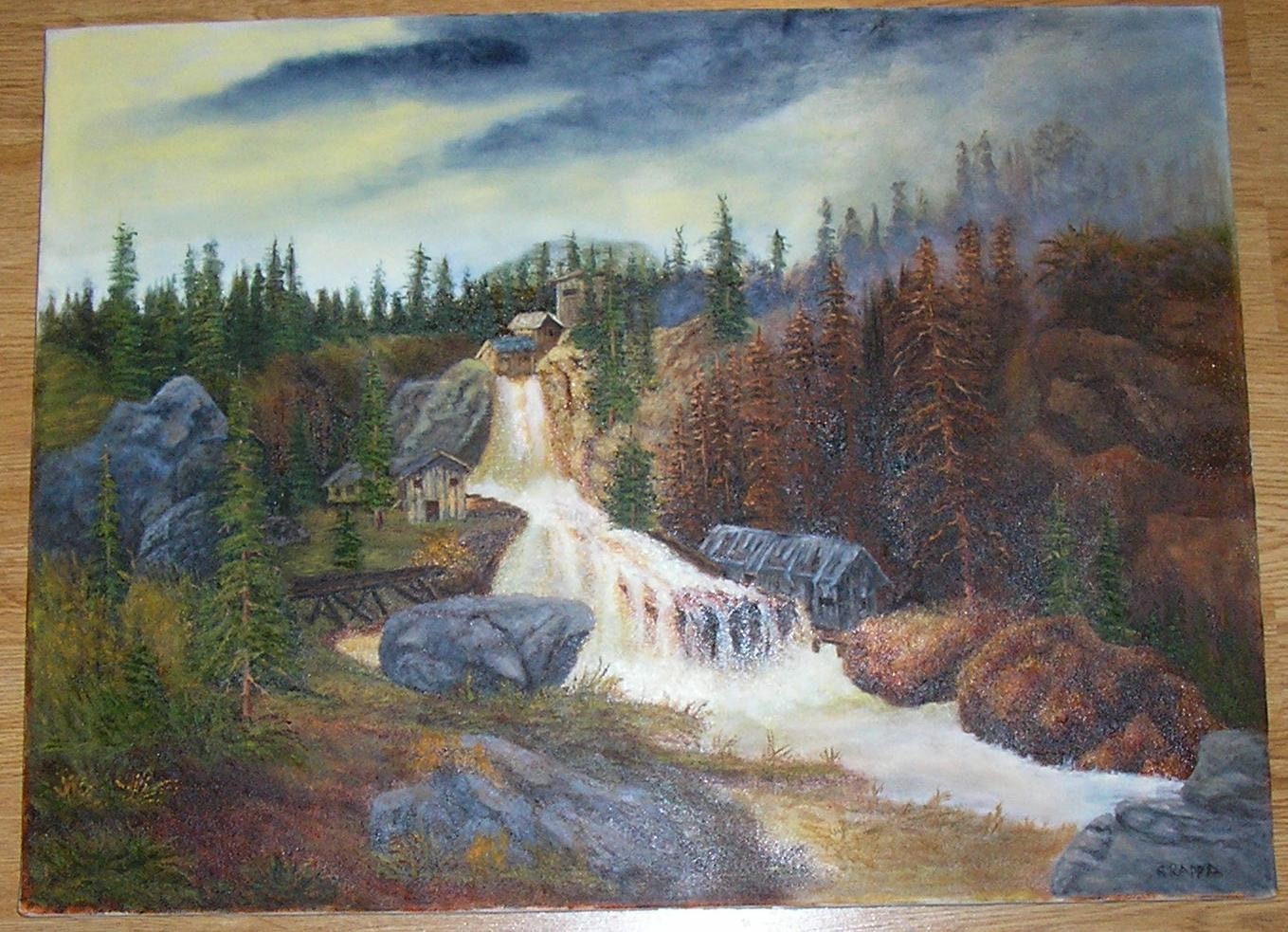 Vintage Colorado Artist Nature Forest Pine Tree Stream White Water Rapids  Grist Mill Waterfall Landscape Outdoors Original Oil Art Painting, image size:1359x983