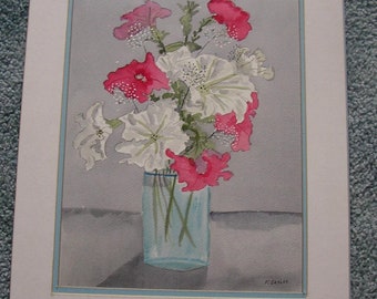 Vintage Horticulture Botanical White Pink Red Garden Petunias Flowers Vase Water Still Life  Original Watercolor Art Painting Oregon Estate