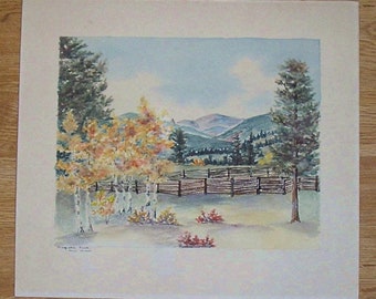 Vintage Colorado Arapaho Peak Evergreen Birch Trees Autumn Season Hills Valley Shrubs Fence Foliage Landscape Original Watercolor Painting