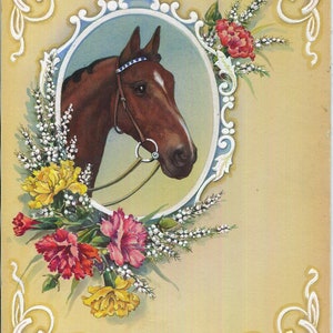 ヴィンテージ アングロ アラブ 乗馬 馬 カーネーション 花 カスミソウ 植物 オリジナル 水彩画 グリーティングカード用