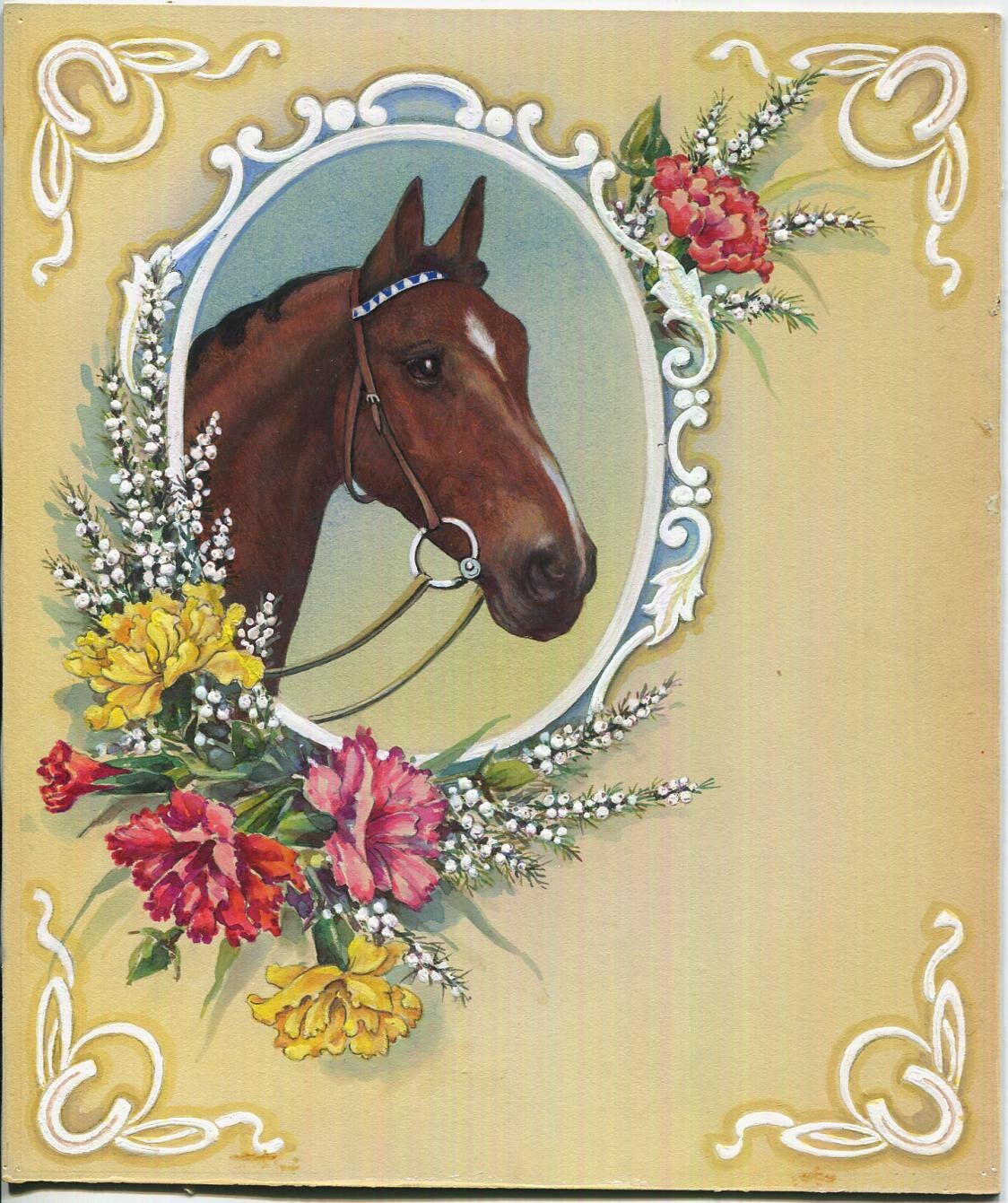 Vintage Anglo Arab Equestrian Horse Carnation Flowers Baby s Breath 