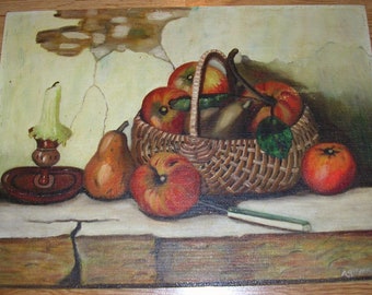 Vintage Botanical Heirloom Culinary Apples Pear Candle Candlestick Culinary Knife Brick Table Country Rustic Charm Original Oil Art Painting