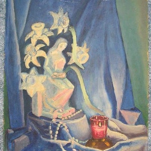 Antiga Virgem Maria Madona Menino Jesus Altar Vela Rosário Religioso Lírio Branco Arte Popular Aquarela Desgastada Pintura Original