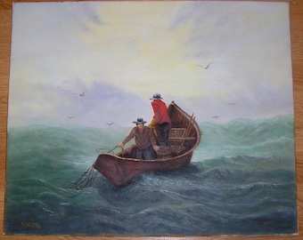 May include: A painting of two people in a small wooden boat on a choppy sea. The boat is being pulled by a rope attached to a net. The sky is cloudy and there are seagulls flying overhead.