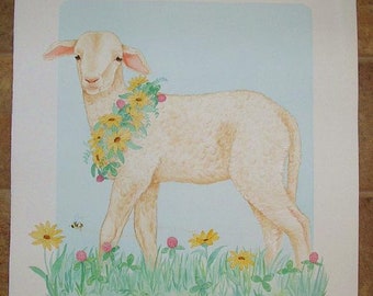 Vintage White Sheep Lamb Animal Realism Bumble Bees Purple Clover Flowers Daisies Garden Flowers Landscape Watercolor Painting Listed Artist