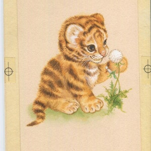 Vintage Bengal Tiger Katzenjunges Tier Löwenzahn Blumen Samen Wunsch Original Kunst signierte Aquarell Malerei für Grußkarte Illustration