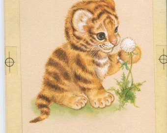 Vintage Bengal Tiger Cat Cub Animal Dandelion Flowers Seeds Wish Original Art Signed Watercolor Painting for Greeting Card Illustration