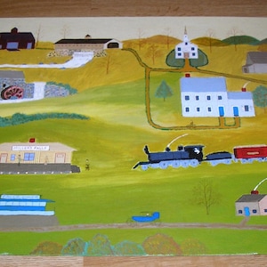 Art populaire vintage Americana Millers Falls Massachusetts Diner Boston Maine Train Railroad House Bike Auto Mail Station Cascade Art Peinture