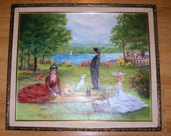 Vintage Garden Flowers Picnic Lake Pond Food Wine Bottles Glass Victorian Woman Fashion Dress Trees Landscape Original Oil Painting Framed