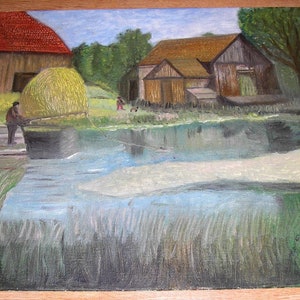 Americana vintage Art folklorique pêche pêcheur étang ferme maison jardin chien blé grange paysage peinture à l'huile originale artiste hollandais américain