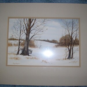 Vintage Ahornsirup Saft Bäume Winter Schnee Eimer Landschaft Himmel Zucker Zeit Pastoral Virginia Listed Künstler Original Aquarell Kunst Gemälde