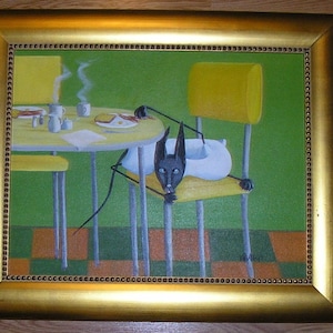 Vintage Manhattan New York City NY Central Park Siamese Cat Breakfast Table Bacon Eggs Coffee Kitchen Original Listed Artist Oil Painting