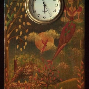 Vintage Art folklorique americana fée nuit lune roses lapin lapin étang chalet maison oiseau peinture d'art originale horloge en bois a besoin d'un nouveau mécanisme