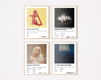 Collection d'affiches numériques Billie Eilish | Lot de 4 affiches numériques | Posters d'albums numériques | Ensemble d'affiches de musique |