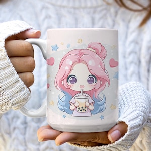 Kawaii Boba Girl Mug - Cute Anime-Style White Coffee Cup Pastel Aesthetic Gift for Boba Lovers and Anime Fans