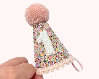 Rainbow Sprinkles First Birthday Hat | 1st Birthday Girl Outfit | Sprinkles Party Hat | Confetti Party Hat | 1st Birthday Girl Glitter Hat