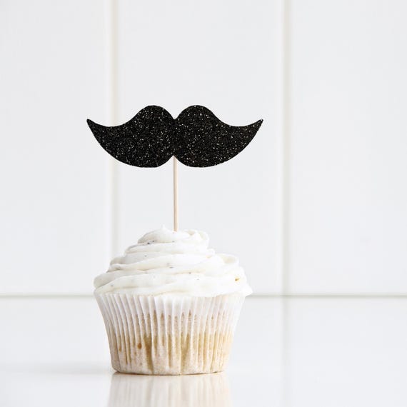 Black Glitter Mustache Cupcake Toppers: Baby Shower Decor