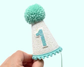 White and Aqua First Birthday Hat | 1st Birthday Girl Outfit | Aqua Party Hat | First Birthday Girl Glitter Party Hat