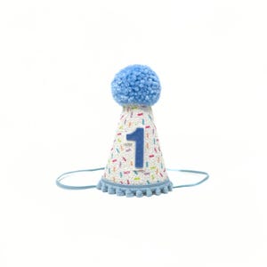 sprinkles party hat with baby blue accents and pool blue number 1