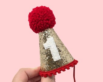 Gold and Red First Birthday Hat | 1st Birthday Boy Outfit | Red Party Hat | First Birthday Girl Glitter Party Hat