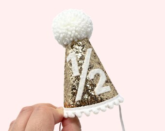 Gold and White Half Birthday Hat | Half Birthday Boy Outfit | White Party Hat | 6 Month Birthday Girl Glitter Party Hat