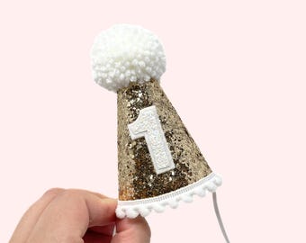 Gold and White First Birthday Hat | 1st Birthday Boy Outfit | White Party Hat | First Birthday Girl Glitter Party Hat
