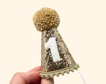 Gold and Beige First Birthday Hat | 1st Birthday Boy Outfit | Beige Party Hat | First Birthday Boy Glitter Party Hat