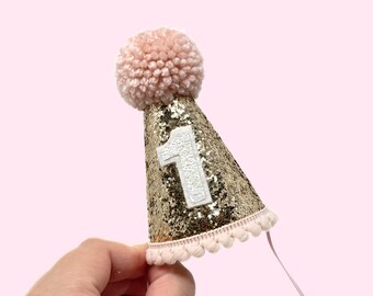 Gold and Pink First Birthday Hat | 1st Birthday Girl Outfit | Pink Party Hat | First Birthday Girl Glitter Party Hat