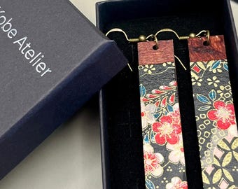 Japanese Washi Paper Dangle Earrings | Handmade | Lightweight Wood & Paper Jewelry | Minimalist Floral Design style | gift for her