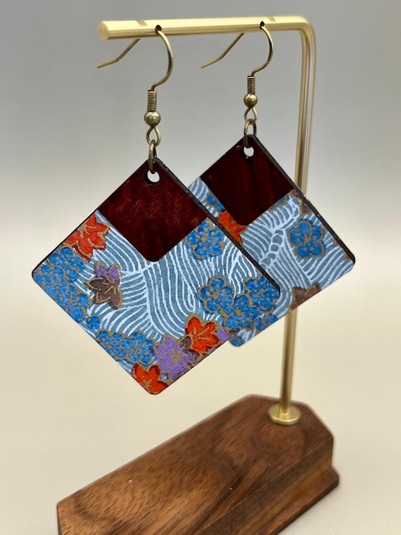 Washi paper dangle earrings | Geometric earrings | Handmade | Wood and paper jewelry | boho style | gift for her | Light blue flowers
