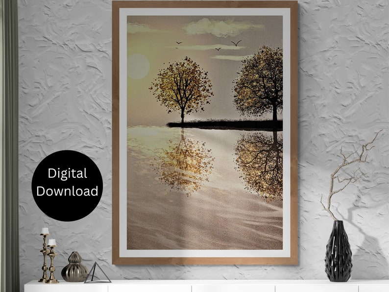 Reflective Horizon Wall Art Digital Print Sunset Tree Lake Etsy