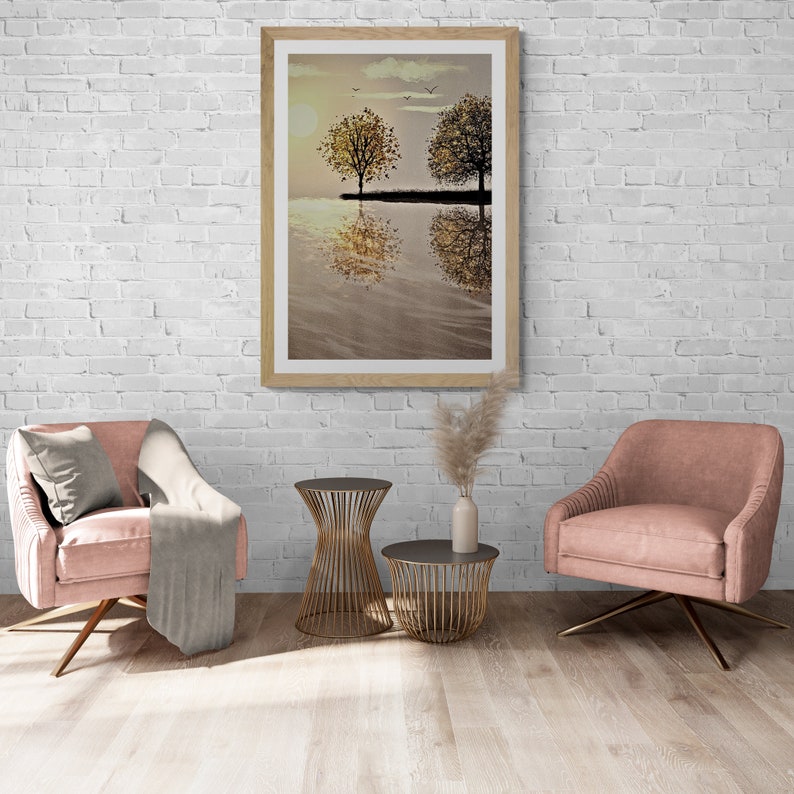 Reflective Horizon Wall Art Digital Print Sunset Tree Lake Etsy