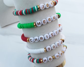 Holiday Heishi Bracelet, Custom Word Bracelet, Heishi Disc Beaded Bracelet, Christmas Bracelet, Christmas Gift, Family gift, Mommy Gift