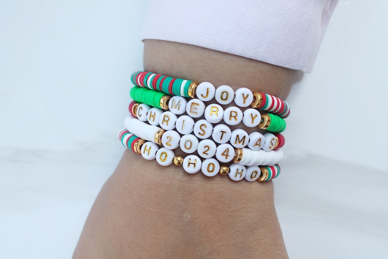 Holiday Heishi Bracelet, Custom Word Bracelet, Heishi Disc Beaded Bracelet, Christmas Bracelet, Christmas Gift, Family gift, Mommy Gift image 4